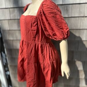 House of Harlow 1960 Red Ruched Puff Sleeve Midi Dress